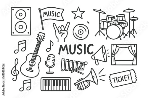 Concert Doodles. Concert elements: hand-drawn doodles of musical instruments and venue icons. Transparent background. Isolated