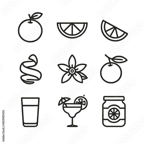 Orange Icon Set. Outline icon set of orange: whole orange, orange slice, orange wedge, orange peel, orange blossom, orange tree