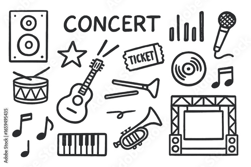 Concert Doodles. Concert elements: hand-drawn doodles of musical instruments and venue icons. Transparent background. Isolated