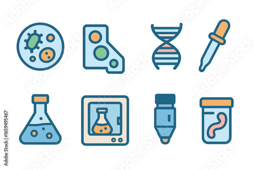Colorful Lab Tools Icons. Flat vector mini-illustrations lab biological tools in colors children's illustrations: petri dish with