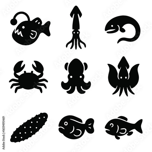 Abyssal Creatures Icons. Solid, filled icons set of abyssal creatures: anglerfish, giant squid, gulper eel,