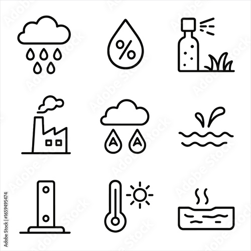 Oxidation and Rust Icons. Outline icon set of rust environment causes: rain, humidity, salt spray, industrial pollution, acidic