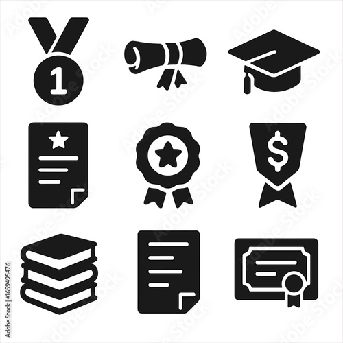 Academic Achievement Icons. Solid, filled icons set of academic milestones: first place medal, diploma,