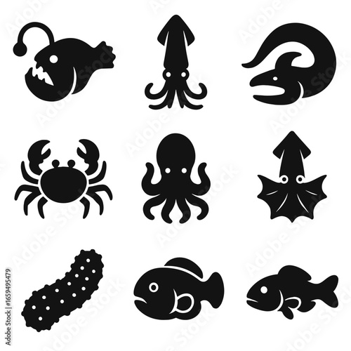Abyssal Creatures Icons. Solid, filled icons set of abyssal creatures: anglerfish, giant squid, gulper eel,