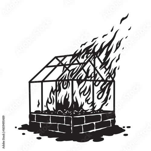 A graphic illustration of a burning greenhouse depicting environmental concerns and climate change
