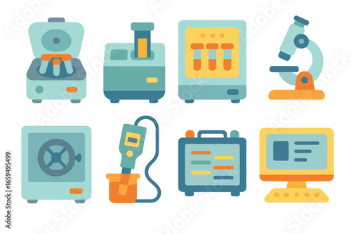 Colorful Lab Icons. Flat vector mini-illustrations laboratory technology in colors children's illustrations: centrifuge,