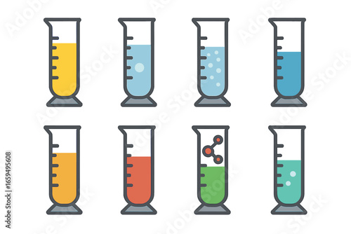 Colorful Liquid Icons. Flat vector mini-illustrations graduated cylinder liquids types in colors children's illustrations: acid,