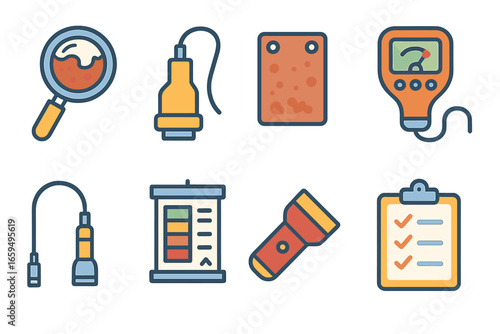 Corrosion Inspection Tools. Flat vector mini-illustrations Inspection tools for corrosion in colors children's illustrations: