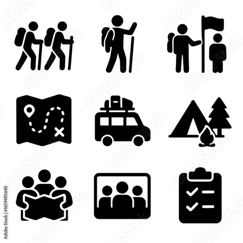 Adventure Tour Icons. Solid, filled icons set of group trekking and adventure tours: group of hikers, tour
