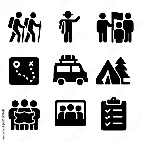 Adventure Tour Icons. Solid, filled icons set of group trekking and adventure tours: group of hikers, tour
