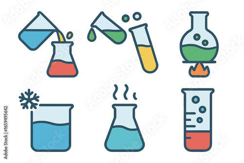 Colorful Liquid Experiments. Flat vector mini-illustrations liquid experiments in colors children's illustrations: pouring liquid,