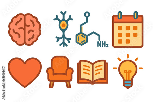 Addiction Recovery Icons. Flat vector mini-illustrations The brain's role in addiction recovery in colors