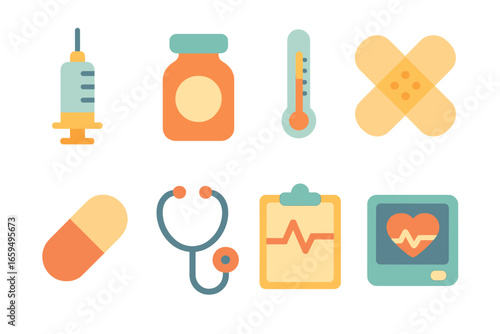 Colorful Medical Icons. Flat vector mini-illustrations dropper medical tools in colors children's illustrations: syringe, medicine