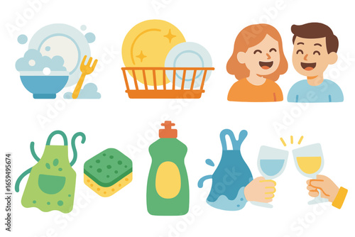 After-Meal Cleanup Fun. Flat vector mini-illustrations after-meal cleanup together in colors children's