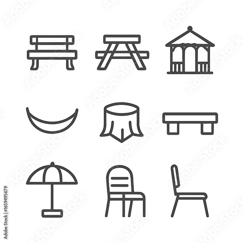 Park Seating Icons. Outline icon set of park seating and shelter: park bench, picnic table, gazebo, pavilion, hammock, tree stump