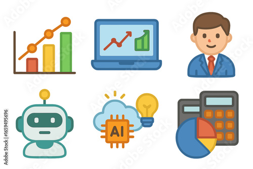 AI Analytics Icons. Flat vector mini-illustrations predictive analytics with AI in colors children's