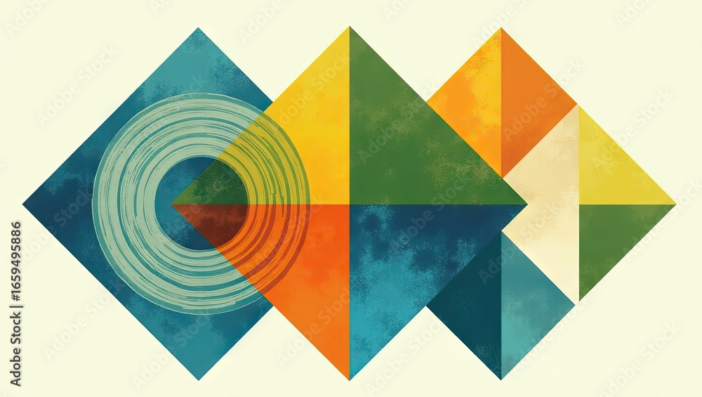 Obraz premium A vibrant geometric design featuring interlocking shapes of varying colors and textures.