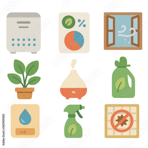 Air Quality Essentials. Flat vector mini-illustrations indoor air quality focus in colors children's