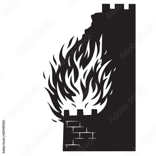 A silhouetted castle wall engulfed in flames with a concept of destruction and burning