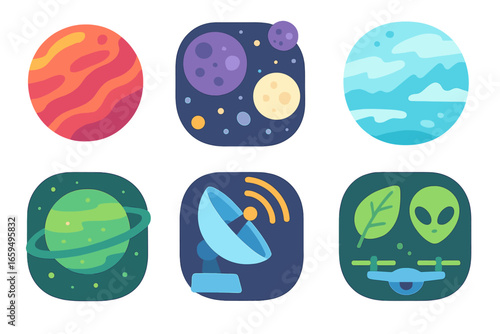 Alien Worlds Exploration. Flat vector mini-illustrations Observing alien worlds in colors children's