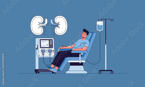 Illustration Of A Man Receiving Dialysis Treatment On Blue Background With Kidney Symbol, Suitable For Hospital, Healthcare, And Awareness Campaigns