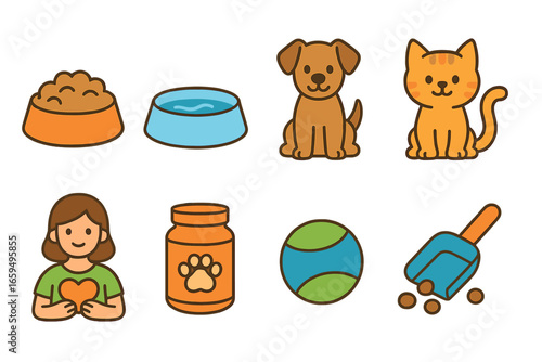 Animal Feeding Icons. Flat vector mini-illustrations animal feeding time in colors children's illustrations: