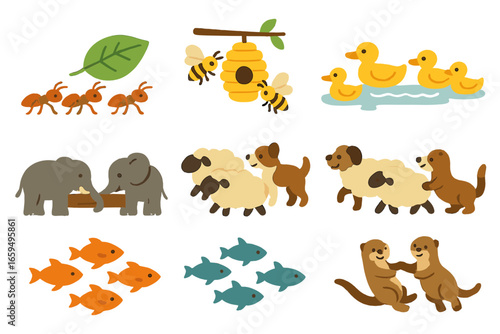 Animal Teamwork Icons. Flat vector mini-illustrations animal teamwork in colors children's illustrations: ants