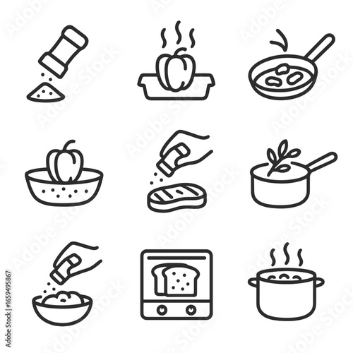 Peppery Cooking Icons. Outline icon set of peppery cooking techniques: grinding, roasting, sautéing, marinating, seasoning,