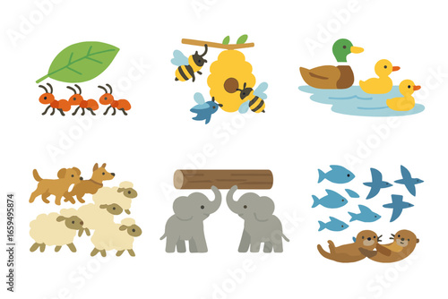 Animal Teamwork Icons. Flat vector mini-illustrations animal teamwork in colors children's illustrations: ants