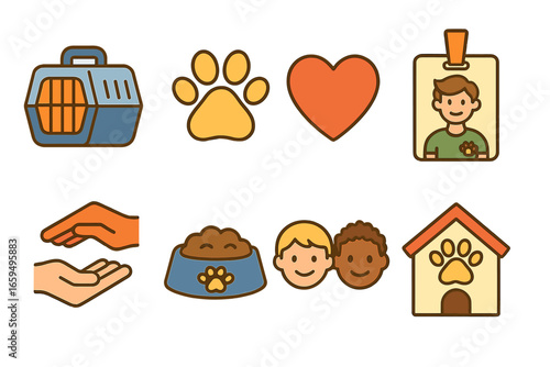 Animal Rescue Icons. Flat vector mini-illustrations Animal rescue outreach in colors children's illustrations: