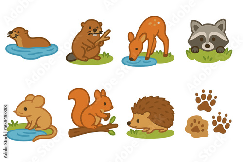 Animals at Pond. Flat vector mini-illustrations of mammals visiting a pond in colors children's illustrations: