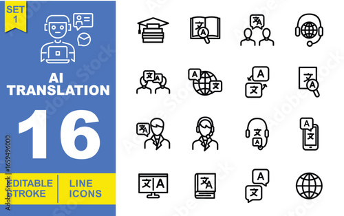AI Translation set of web icons in line style. Exclusive AI Translation line icon collection. Containing graduation cap on books, open book with translation symbol, people speaking. Editable stroke