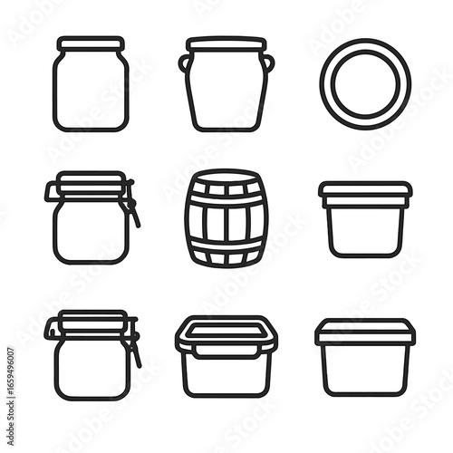 Pickled Jar Icons. Outline icon set of pickled jars and containers: glass jar, ceramic crock, metal lid, rubber seal, mason jar,