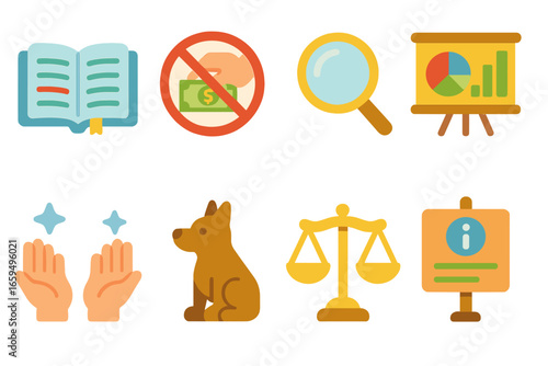 Anti-Corruption Icons Grid. Flat vector mini-illustrations Anti-corruption and transparency in colors children