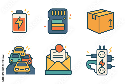 Colorful Overload Icons. Flat vector mini-illustrations overload in colors children's illustrations: overloaded battery, full