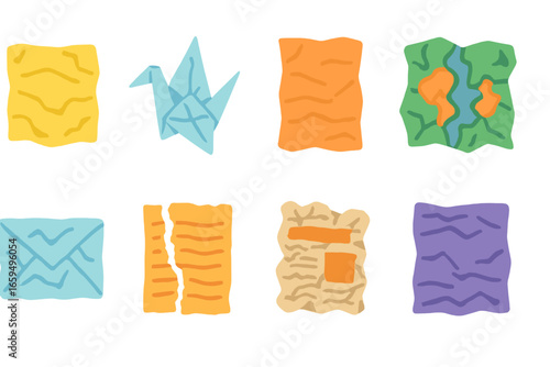 Colorful Paper Illustrations. Flat vector mini-illustrations crumpled paper in colors children's illustrations: wrinkled note