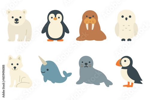 Arctic Animals Grid. Flat vector mini-illustrations arctic animals in colors children's illustrations: polar