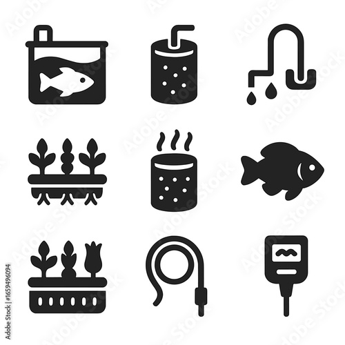 Aquaponics Systems Icons. Solid, filled icons set of aquaponics systems: fish tank, water filter, siphon