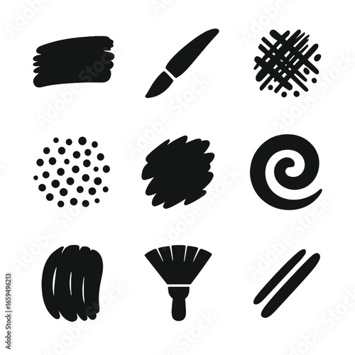 Art Stroke Icons. Solid, filled icons set of expressive brush strokes: broad stroke, fine stroke, crosshatch