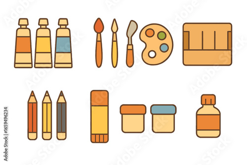 Art Supplies Grid. Flat vector mini-illustrations Hobby drawer dividers in colors children's illustrations: