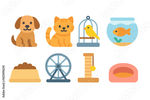Colorful Pet Icons. Flat vector mini-illustrations home pets in colors children's illustrations: dog, cat, birdcage, fishbowl,