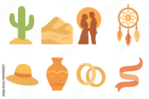 Desert Wedding Icons. Flat vector mini-illustrations desert wedding ceremony in colors children's illustrations: cactus, sand