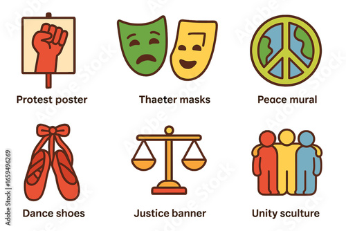 Arts for Social Change. Flat vector mini-illustrations Arts for social change in colors children's