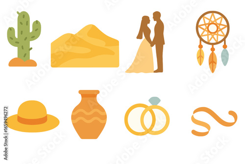 Desert Wedding Icons. Flat vector mini-illustrations desert wedding ceremony in colors children's illustrations: cactus, sand