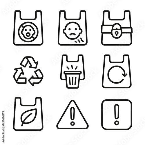 Plastic Bag Safety Icons. Outline icon set of plastic bag safety: choking hazard, suffocation warning, child lock, recycling mark,