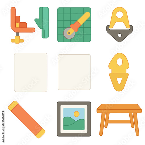 Art Tools Icons. Flat vector mini-illustrations art studio for framing in colors children's illustrations: