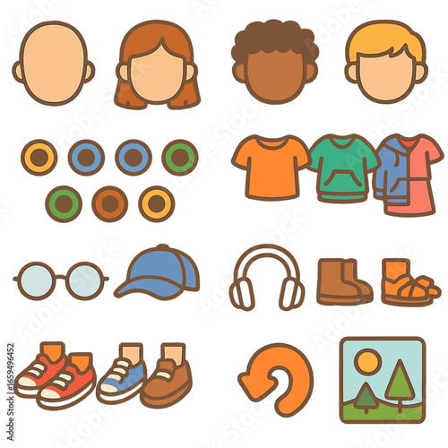 3D Avatar Creator Icons. Flat vector mini-illustrations create your own 3D avatar in colors children's