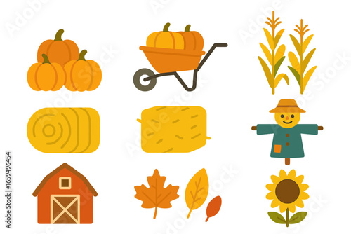 Autumn Harvest Icons. Flat vector mini-illustrations harvesting pumpkins in colors children's illustrations: