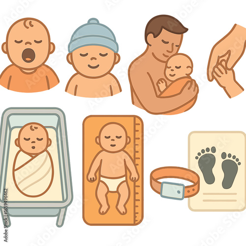 Baby's First Moments. Flat vector mini-illustrations baby’s first moments in colors children's illustrations: