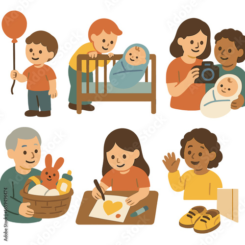 Baby Welcome Icons. Flat vector mini-illustrations visiting the baby in colors children's illustrations: